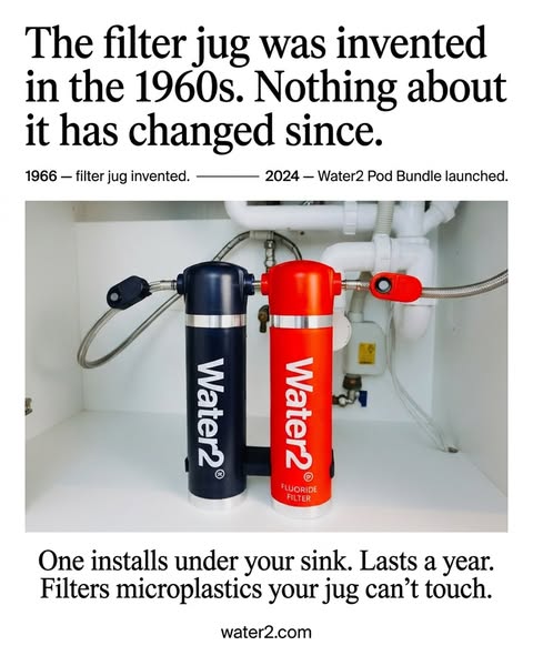 This ad compares water filter jugs invented in the 1960s to the Water2 Pod Bundle, which the ad claims can filter microp