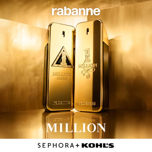 This ad showcases two versions of Rabanne's 1 Million fragrance, emphasizing the luxury and precious nature of the p