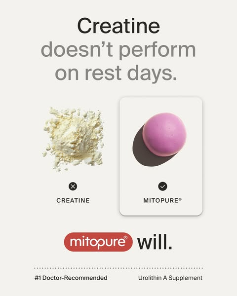 This ad compares creatine with Mitopure, claiming creatine doesn't perform on rest days while Mitopure does. It feat