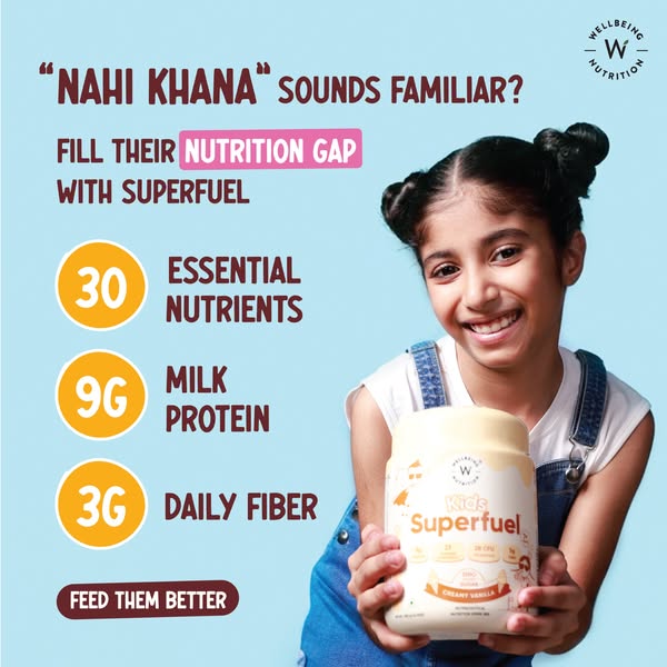 The ad showcases Wellbeing Nutrition's Kids Superfuel, highlighting the product's essential nutrients, milk prot
