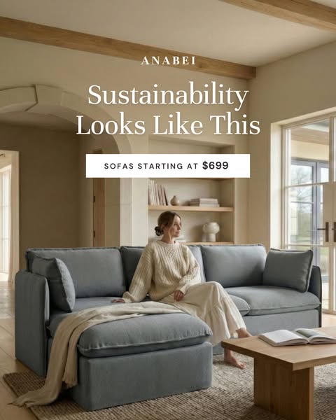This ad features a modern sofa in a neutral-toned living room setting and promotes the brand's commitment to sustain