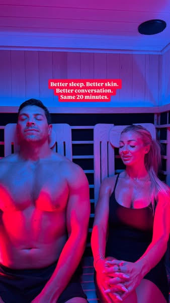 This ad shows a couple in a sauna claiming that in 20 minutes, it provides better sleep, better skin, and better convers