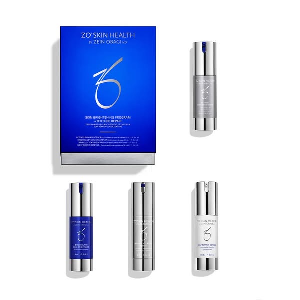 This ad showcases the ZO Skin Health Skin Brightening Program + Texture Repair kit, highlighting its components and bene