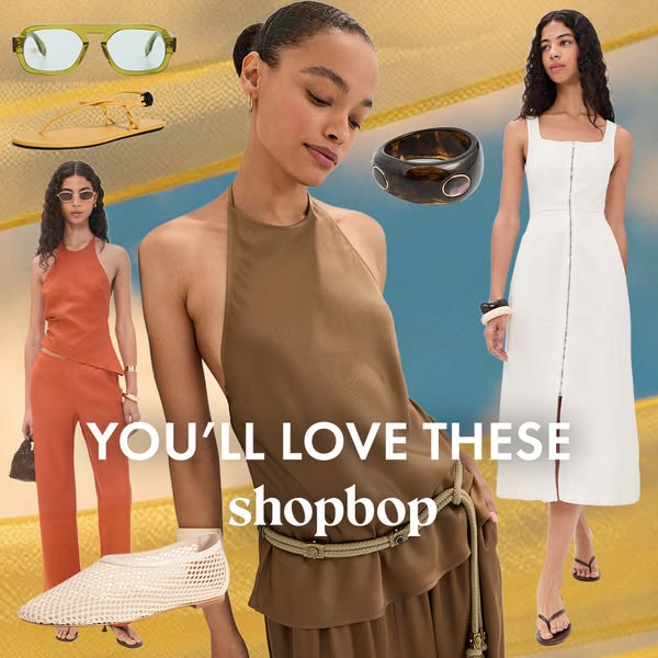 This ad features a collection of apparel and accessories from Shopbop, all in light neutral colors. All the pieces shown