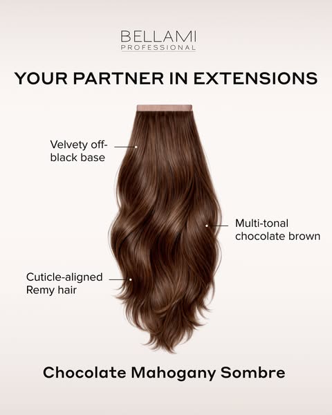 This image ad by Bellami promotes their chocolate mahogany sombre hair extensions and lists the hair quality, hair color