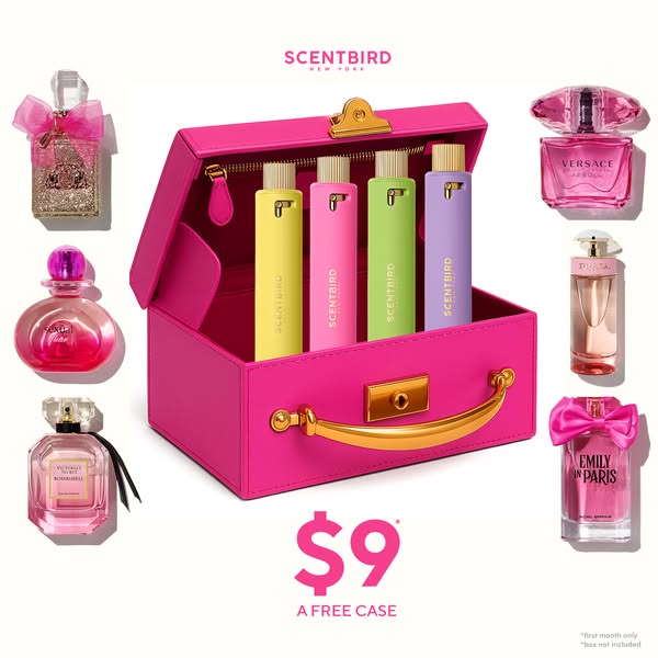 This image ad for Scentbird features several perfume products in individual packaging. The ad focuses on the colorful co