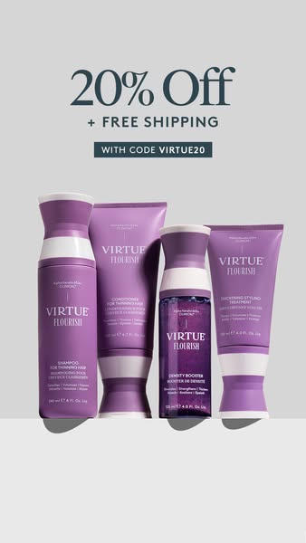 The ad features Virtue Flourish hair products, highlighting an offer of 20% off plus free shipping with a code, aimed at