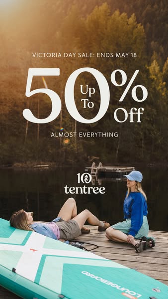 This image ad from tentree promotes a Victoria Day sale, offering 50% off almost everything. The ad features two women e