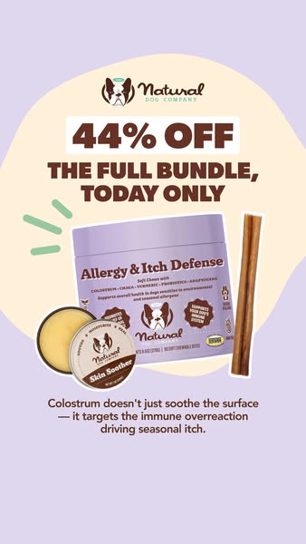 This ad promotes Natural Dog Company's full bundle, highlighting an offer of 44% off for a limited time. It focuses 