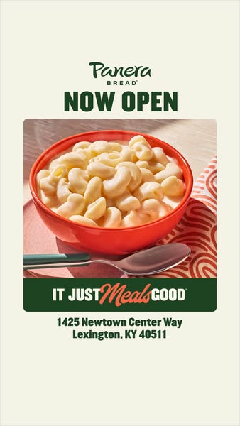 A vertical ad for Panera Bread. The ad announces a new location and shows a close-up of a bowl of macaroni and cheese.