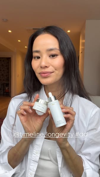 This ad features a woman holding out two Timeline Longevity skin care products. The ad highlights the brand and also inc