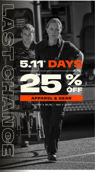 This ad promotes a 25% off sale on apparel and gear at 5.11, highlighting a sense of urgency with the phrase "Last