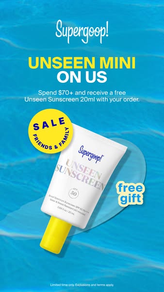 This image ad is promoting Supergoop!'s Unseen Sunscreen mini. The ad offers a free mini Unseen Sunscreen with any o