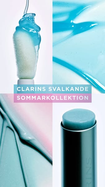 This ad for Clarins presents a close-up of some items from the new summer collection. The background and product colorwa