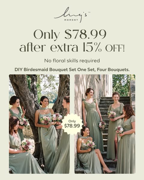 An image ad for Ling's Moment DIY Bridesmaid Bouquet sets on sale for $78.99 after an extra 15% off.