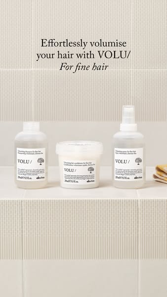 This image ad features three Davines VOLU/ product bottles and the headline, "Effortlessly volumise your hair with 