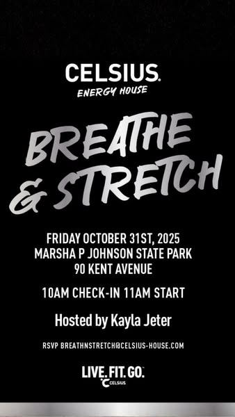 This ad promotes a 'Breathe & Stretch' event hosted by Kayla Jeter at Marsha P Johnson State Park on October