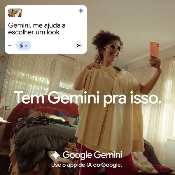 The ad promotes the Google Gemini app by showing a woman using it to help her choose an outfit. The ad features a woman 