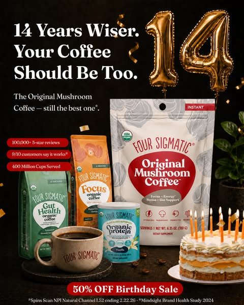 This ad promotes Four Sigmatic's mushroom coffee and protein products. It mentions that the company is celebrating i