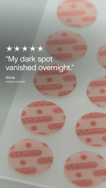 This image ad shows a close-up shot of the FadeMD dark spot patches in their packaging, alongside a five-star review tou