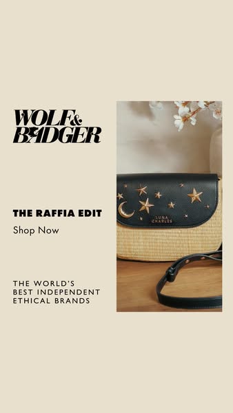 This Wolf & Badger image ad features a raffia bag from the Luna Charles brand. It highlights Wolf & Badger's