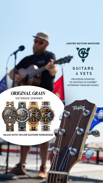This ad promotes Original Grain watches and their partnership with Guitars 4 Vets. The ad features a musician playing a 
