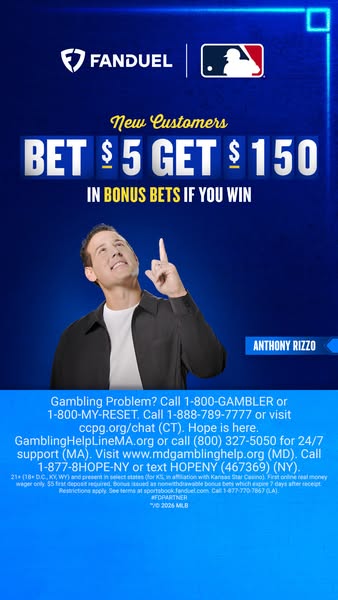 This ad from Fanduel advertises a bonus bet promotion for new customers, featuring Anthony Rizzo, a baseball player.