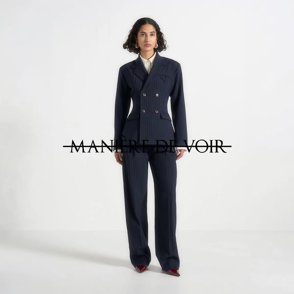 An image ad showcasing a woman wearing a navy pinstripe double-breasted blazer and matching wide-leg pants from Maniere