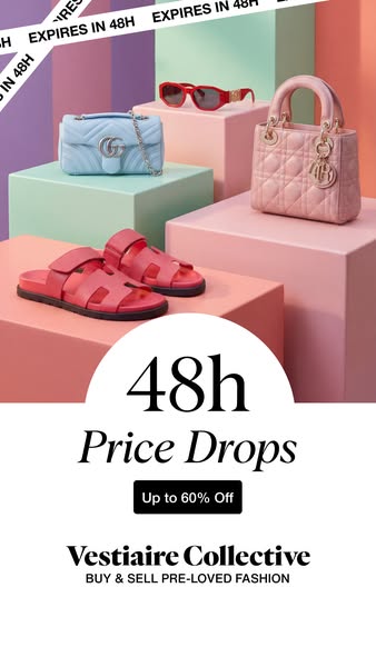 This ad showcases various pre-loved fashion items from Vestiaire Collective, highlighting a limited-time price drop even