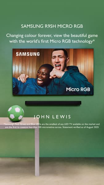 This image ad showcases the SAMSUNG R95H MICRO RGB TV highlighting its color technology. The ad features a couple enthus