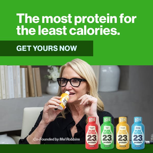 This image ad for Pure Genius protein drink features the drink's co-founder Mel Robbins holding a bottle of the Pine