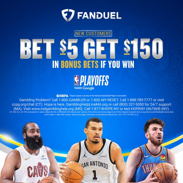 This ad for Fanduel promotes a limited time offer for new customers, where they can bet $5 and get $150 in bonus bets if
