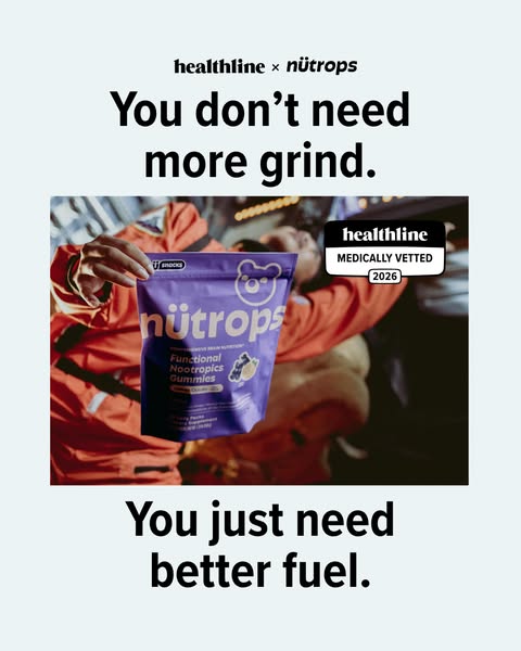 This ad is a collaboration between Healthline and Nütrops, promoting functional nootropic gummies. The ad uses the phras
