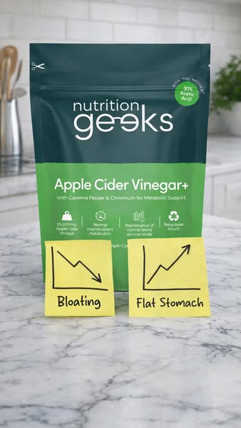 This image ad for Nutrition Geeks Apple Cider Vinegar+ aims to tackle bloating and promote a flat stomach. The ad featur