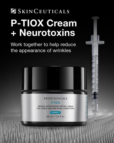 An image ad for SkinCeuticals P-TIOX Cream + Neurotoxins, which claims to help reduce the appearance of wrinkles.