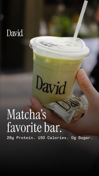 This ad features a protein bar paired with a matcha beverage. The ad highlights the nutritional benefits of the protein 