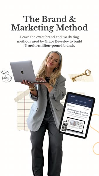 This image ad promotes Grace Beverley's brand and marketing methods. The ad features a woman holding a laptop and ta