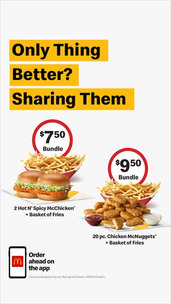 This ad showcases a food bundle deal at McDonald's that features 2 Hot N' Spicy McChicken sandwiches and a baske