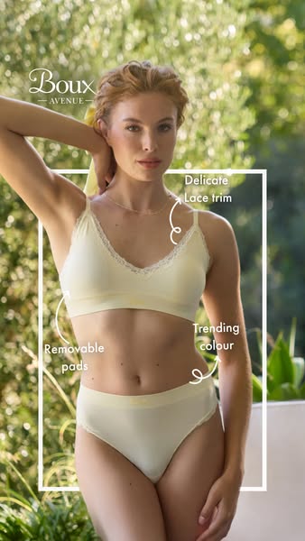 The image shows a woman wearing a matching bra and panty set. The product is highlighted using boxes and text to show th