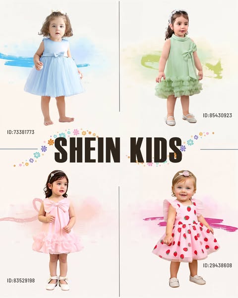 This ad showcases four different dresses designed for young children, presented in a grid layout to display the variety