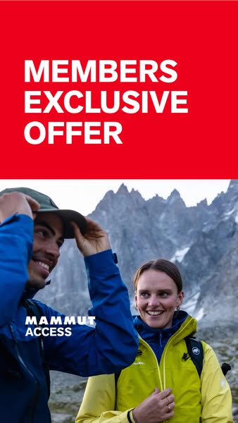 This image ad for Mammut advertises a members-only exclusive offer, featuring an image of two smiling hikers in the moun
