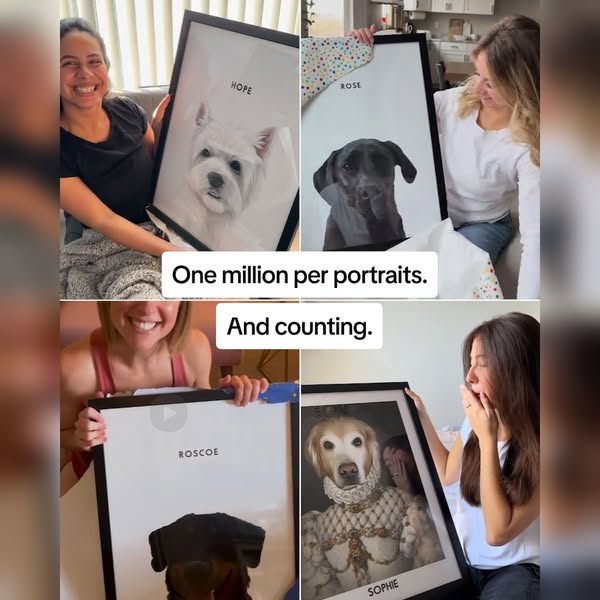 This ad shows four happy customers with framed portraits of their pets. The text conveys that they have sold one million