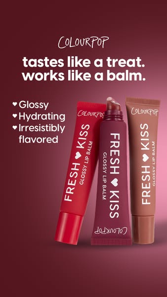 This ad features three ColourPop Fresh Kiss Glossy Lip Balms in different shades, emphasizing the product's glossy f