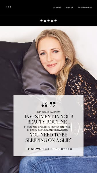 An image ad featuring the founder and CEO of Slip reclining on a Slip silk pillowcase, promoting the pillowcase as a wor