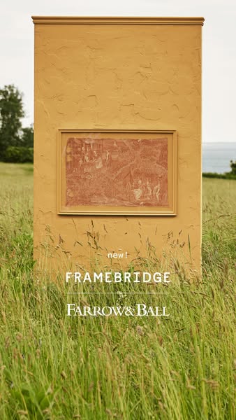 This ad showcases a framed piece of art from Framebridge in collaboration with Farrow & Ball. The ad is set in a fie