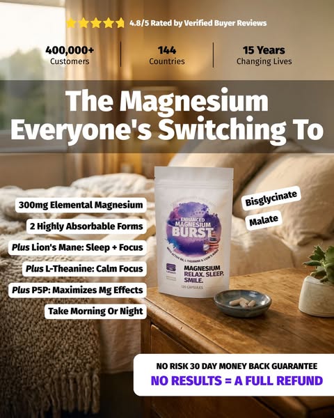 This image ad promotes Enhanced Magnesium Burst and calls out the product's benefits, features, and money back guara