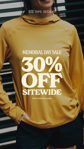 This image ad by Topo Designs promotes a Memorial Day sale with a 30% discount on all items sitewide, with some exclusio