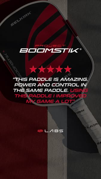 This ad features a close-up shot of the Selkirk Project Boomstik pickleball paddle, highlighting a customer testimonial 