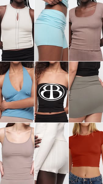 The ad features a collage of models wearing different clothing items, focusing on tops, bottoms, and sets, promoting a v