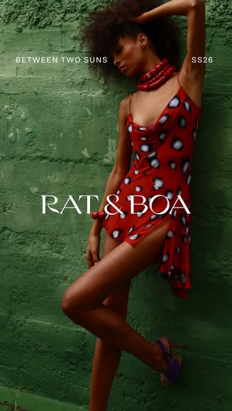 This ad features a model wearing a Rat & Boa red dress against a green wall to promote the brand and its SS26 collec